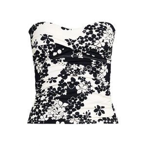 Land's End bandeau tankini top straps white egret black floral print Various